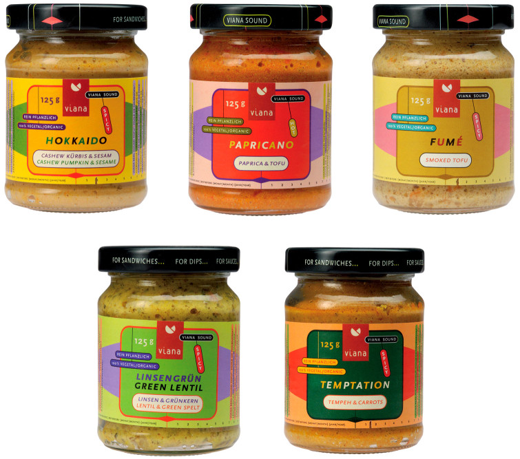 Uli Meisenheimer-Identité visuelle et packaging de trois marques du fabricant de produits biologiques Tofutown: Viana, Veggie Life et Soyatoo!